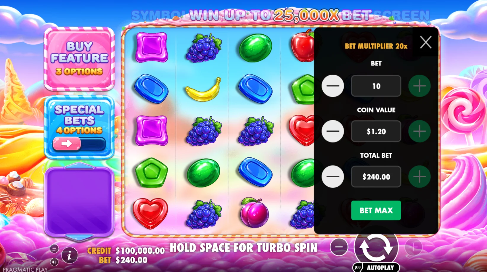 Maximaler Einsatz bei Sweet Bonanza 2500