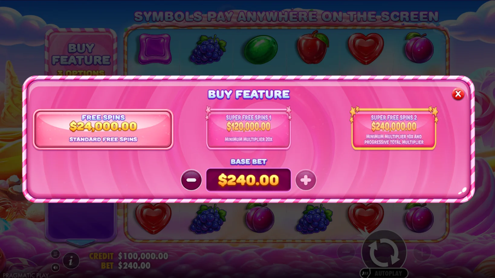 Feature Buy bei Sweet Bonanza 2500